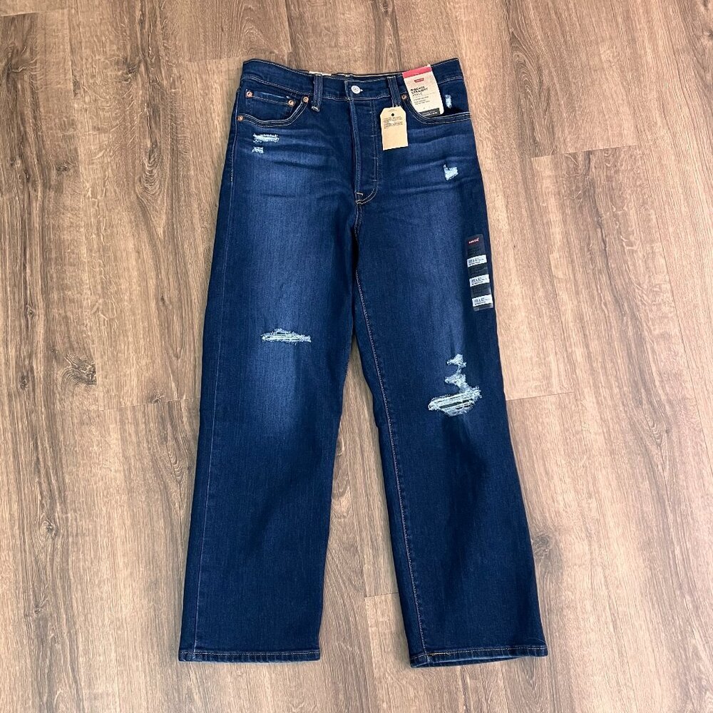 NEW Levi's Ribcage Straight Ankle Jeans Distressed Dark Wash High Rise Sz 29